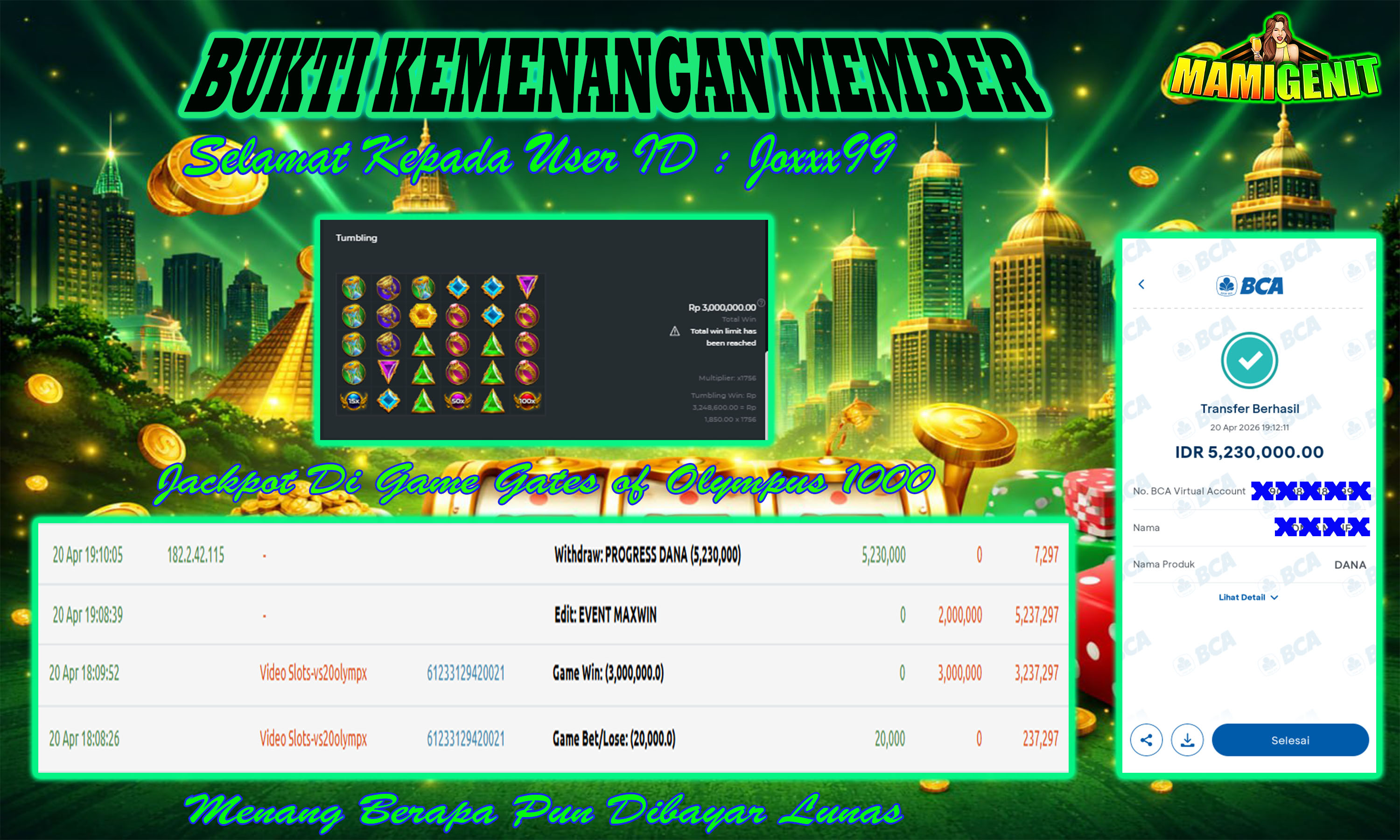 MAMIGENIT - JACKPOT DI SEBESAR RP.5,230,000,- DI GAME GATES OF OLYMPUS 1000